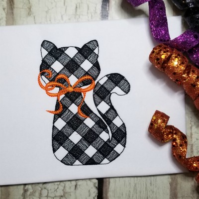 halloween plaid cat embroidery design, sketch stitch